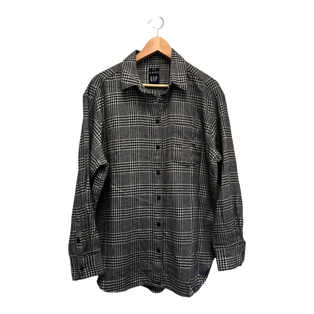 GAP Women's Flannel Big Shirt Black & Gray Houndstooth Plaid Size M NWT Bust 48"